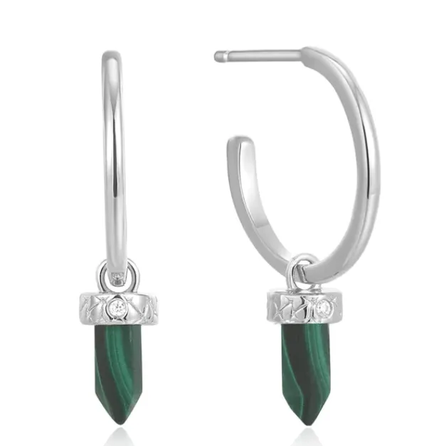 Second Nature - Silver Malachite Point Pendant Small Hoop Earrings