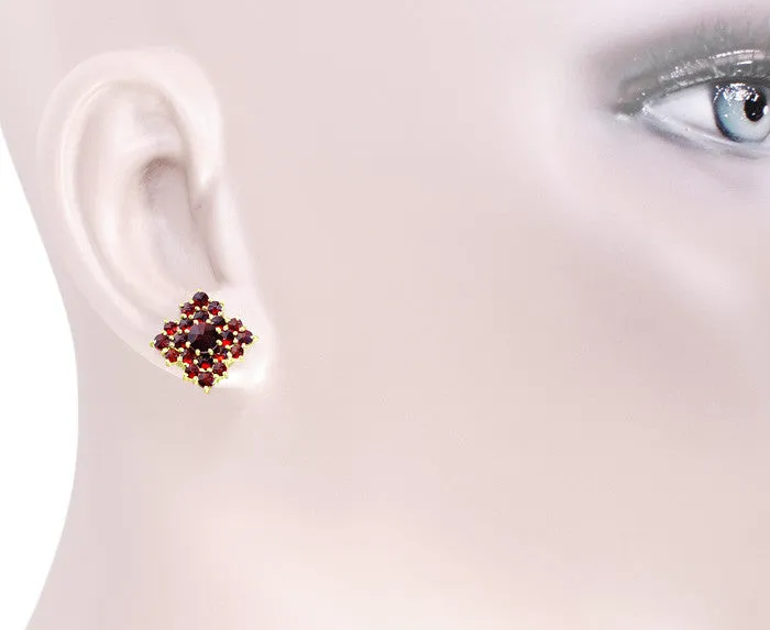 Victorian Bohemian Garnet Galaxy Square Stud Earrings in 14 Karat Yellow Gold and Sterling Silver Vermeil