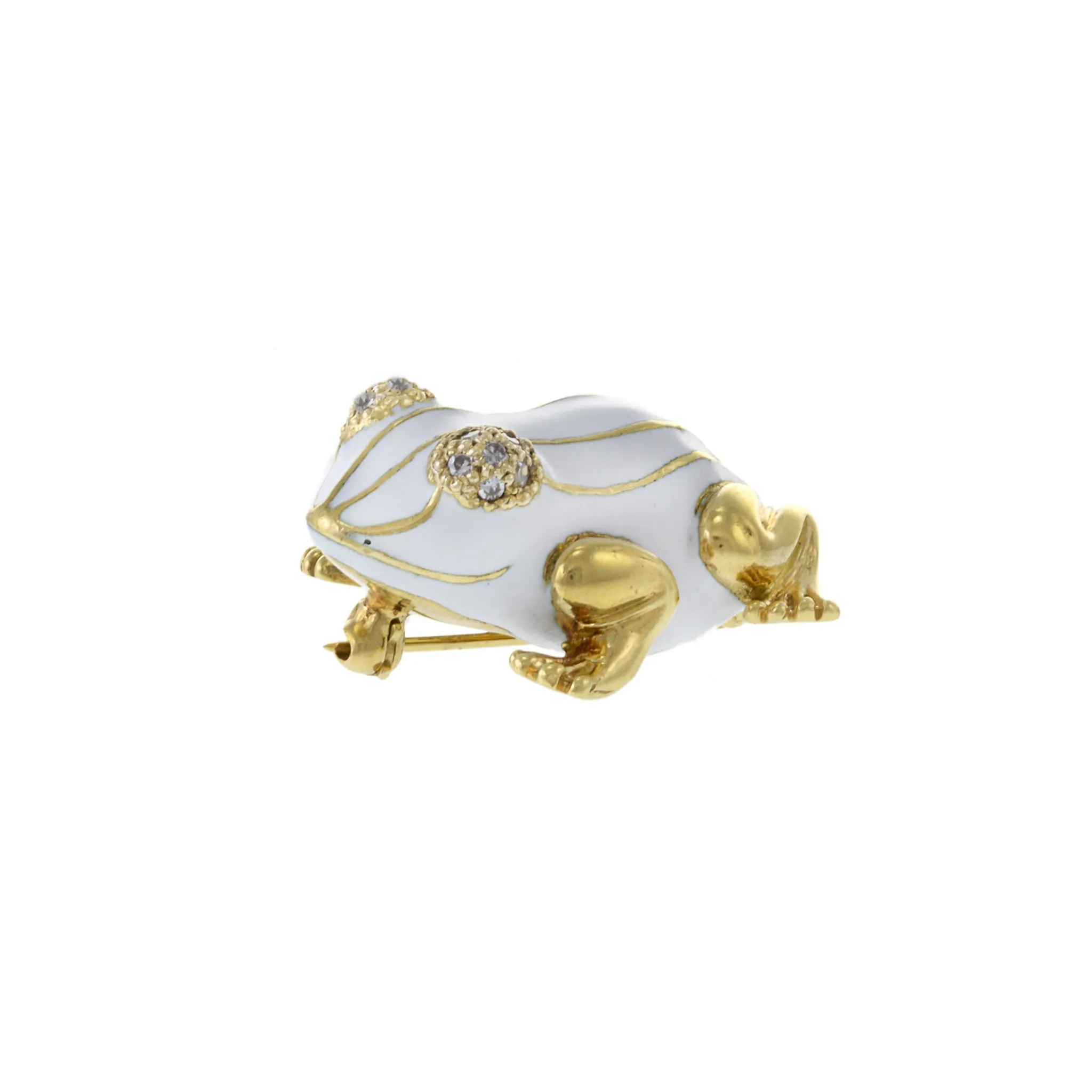Vintage 18KT Yellow Gold White Enamel and Diamond Frog Brooch