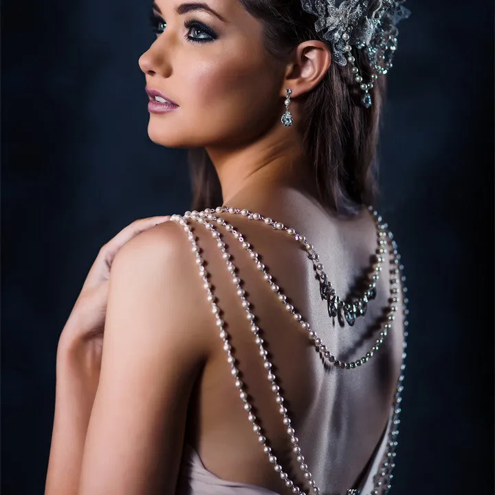 Wedding back jewellery - pearl drapes with vintage silver drops - Josephine by Kezani