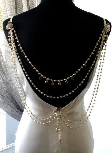 Wedding back jewellery - pearl drapes with vintage silver drops - Josephine by Kezani