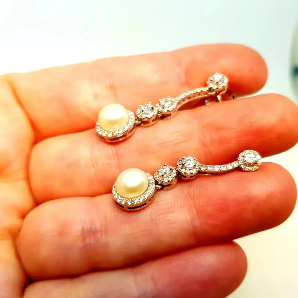 Wedding pearl earrings, silver pearl earrings, silver zircon earrings.