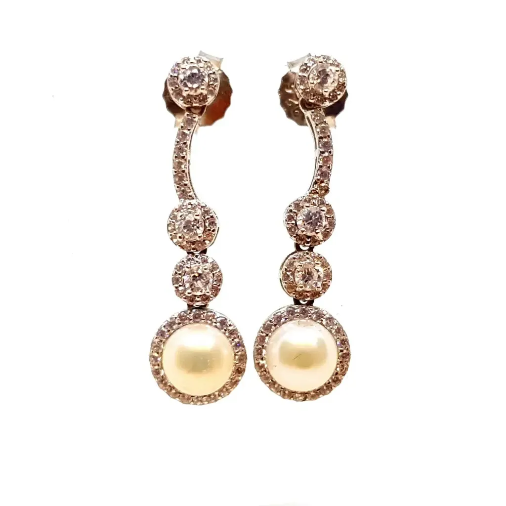 Wedding pearl earrings, silver pearl earrings, silver zircon earrings.