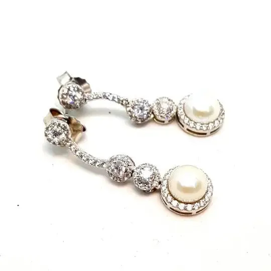 Wedding pearl earrings, silver pearl earrings, silver zircon earrings.