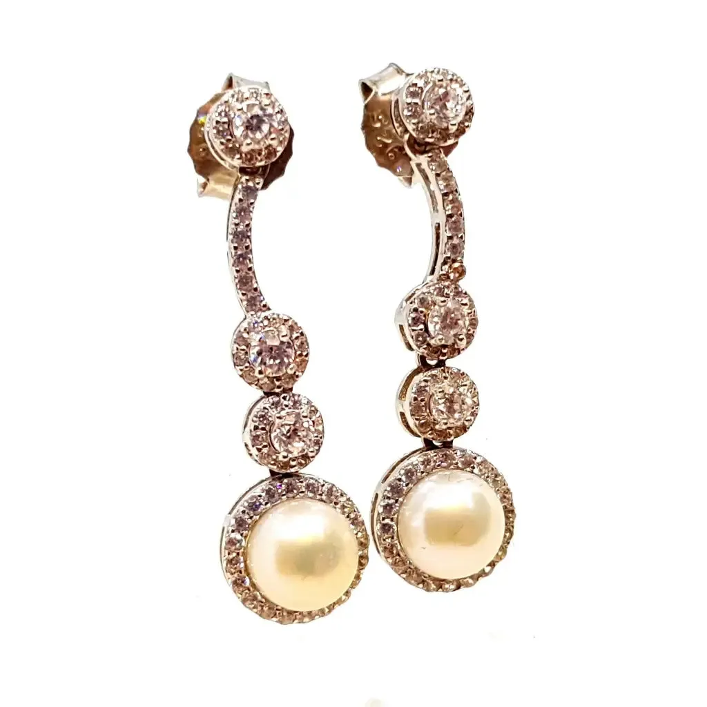 Wedding pearl earrings, silver pearl earrings, silver zircon earrings.