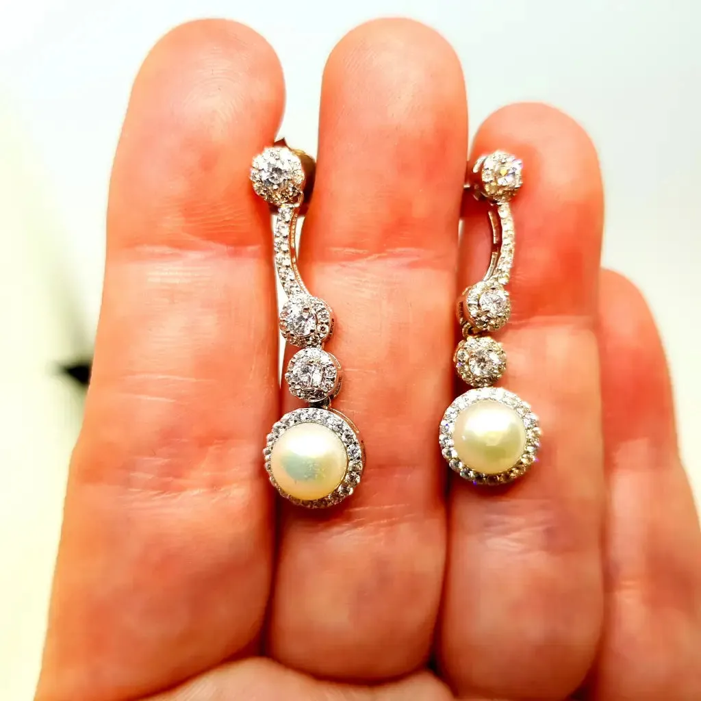 Wedding pearl earrings, silver pearl earrings, silver zircon earrings.