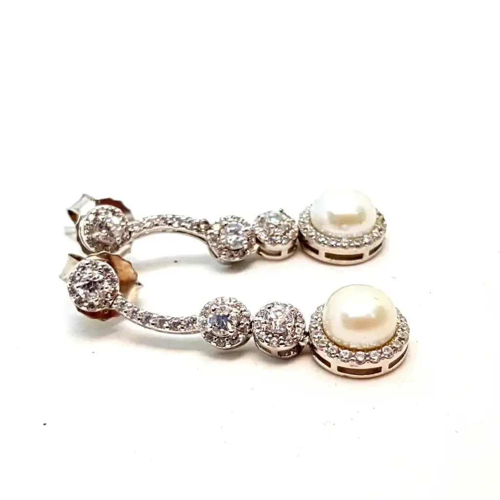 Wedding pearl earrings, silver pearl earrings, silver zircon earrings.