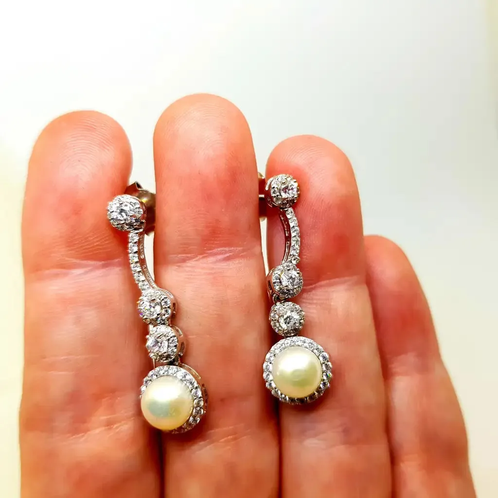 Wedding pearl earrings, silver pearl earrings, silver zircon earrings.