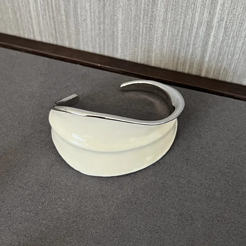 White Enamel Scroll Leaf Width Face Bangles Bracelet