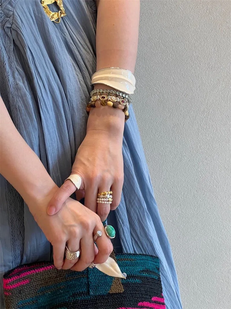 White Enamel Scroll Leaf Width Face Bangles Bracelet