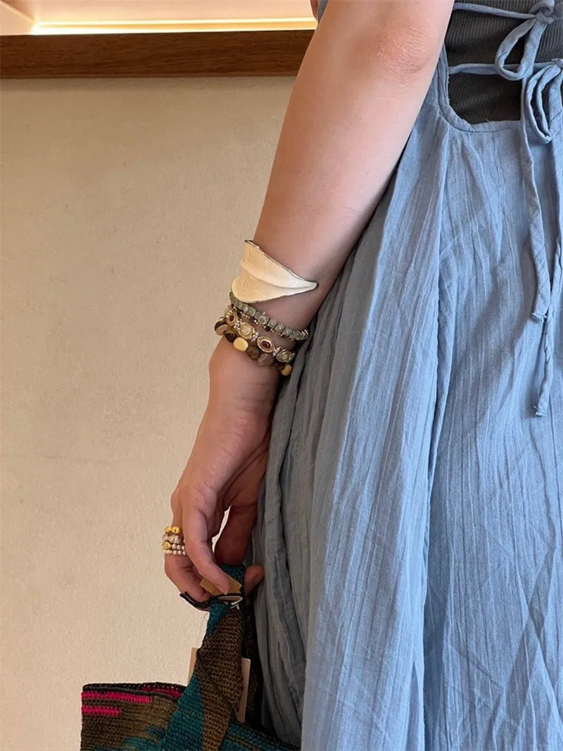 White Enamel Scroll Leaf Width Face Bangles Bracelet