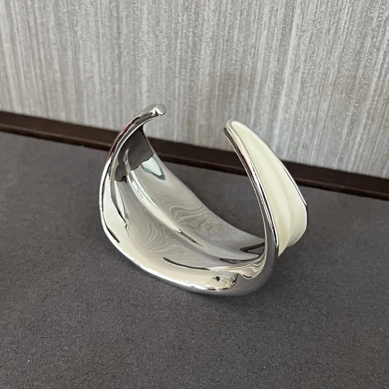 White Enamel Scroll Leaf Width Face Bangles Bracelet