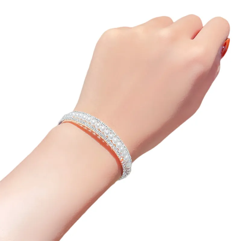Wholesale Double-layer Pearl Rhinestone Bracelets
