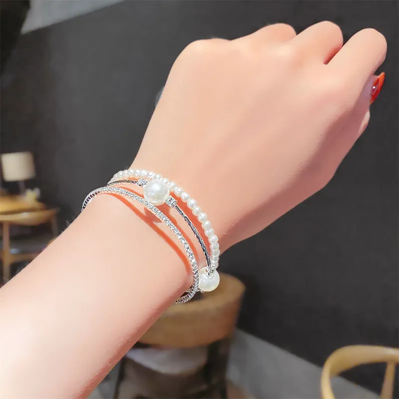 Wholesale Double-layer Pearl Rhinestone Bracelets