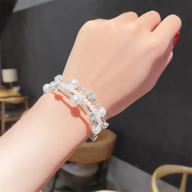 Wholesale Double-layer Pearl Rhinestone Bracelets