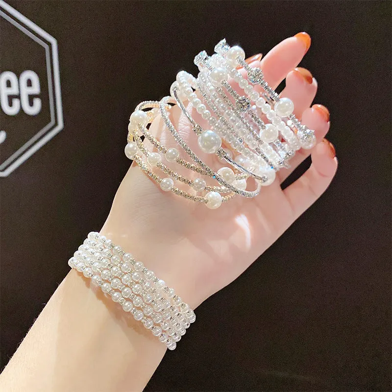 Wholesale Double-layer Pearl Rhinestone Bracelets