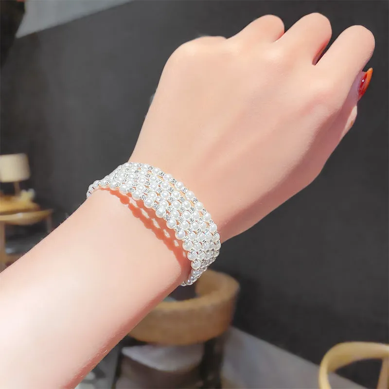 Wholesale Double-layer Pearl Rhinestone Bracelets