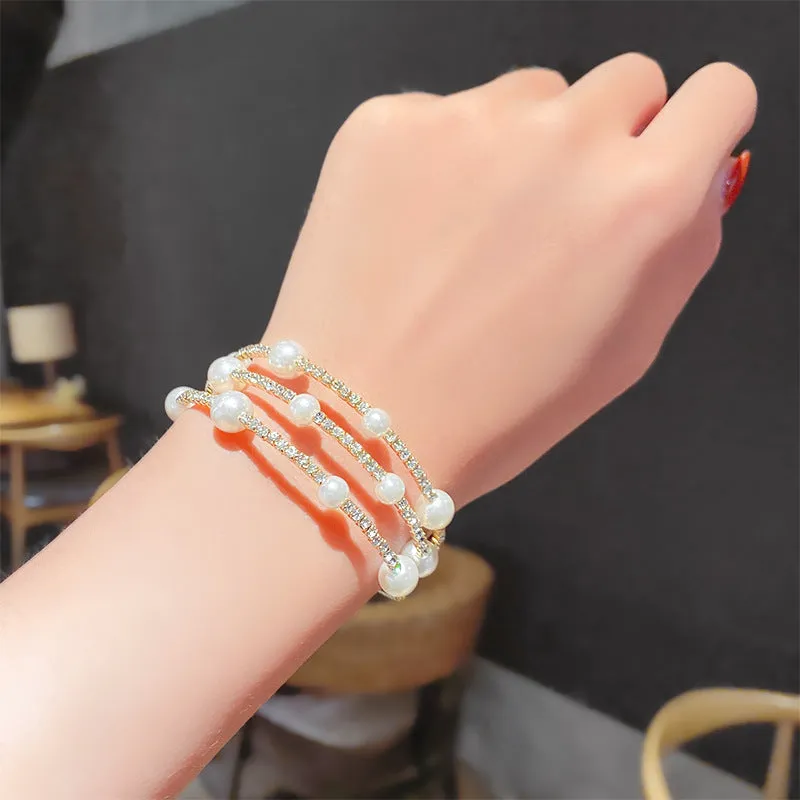 Wholesale Double-layer Pearl Rhinestone Bracelets