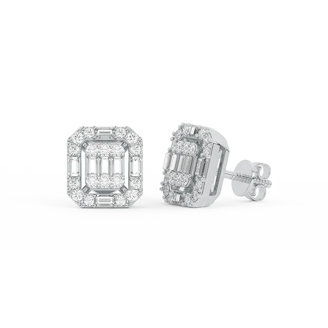 Women's Baguette & Round Composite Diamond Stud Earrings 0.75ct 14K Gold