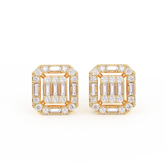Women's Baguette & Round Composite Diamond Stud Earrings 0.75ct 14K Gold