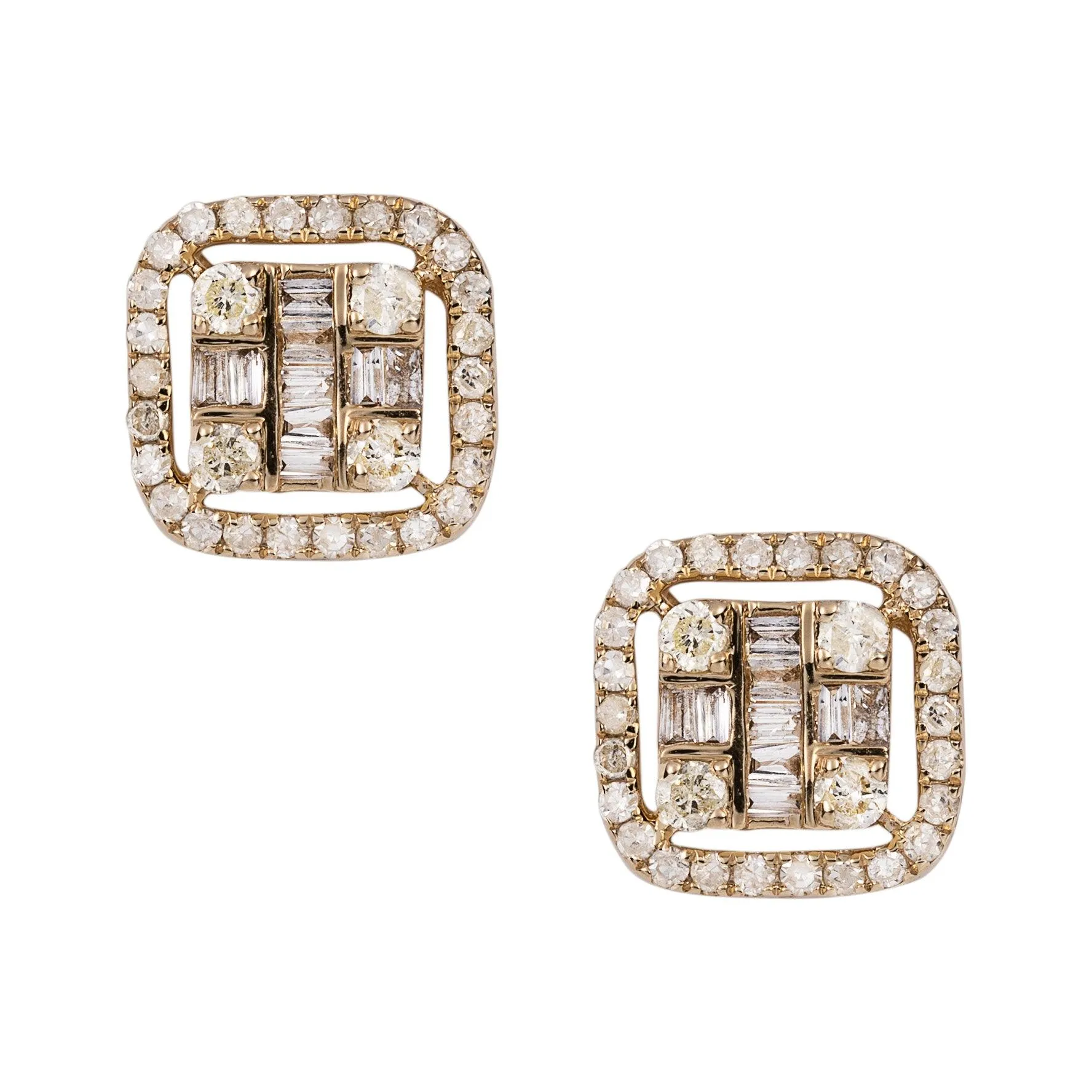 Women's Cushion Baguette & Round Diamond Stud Earrings 0.61ct 14K Yellow Gold