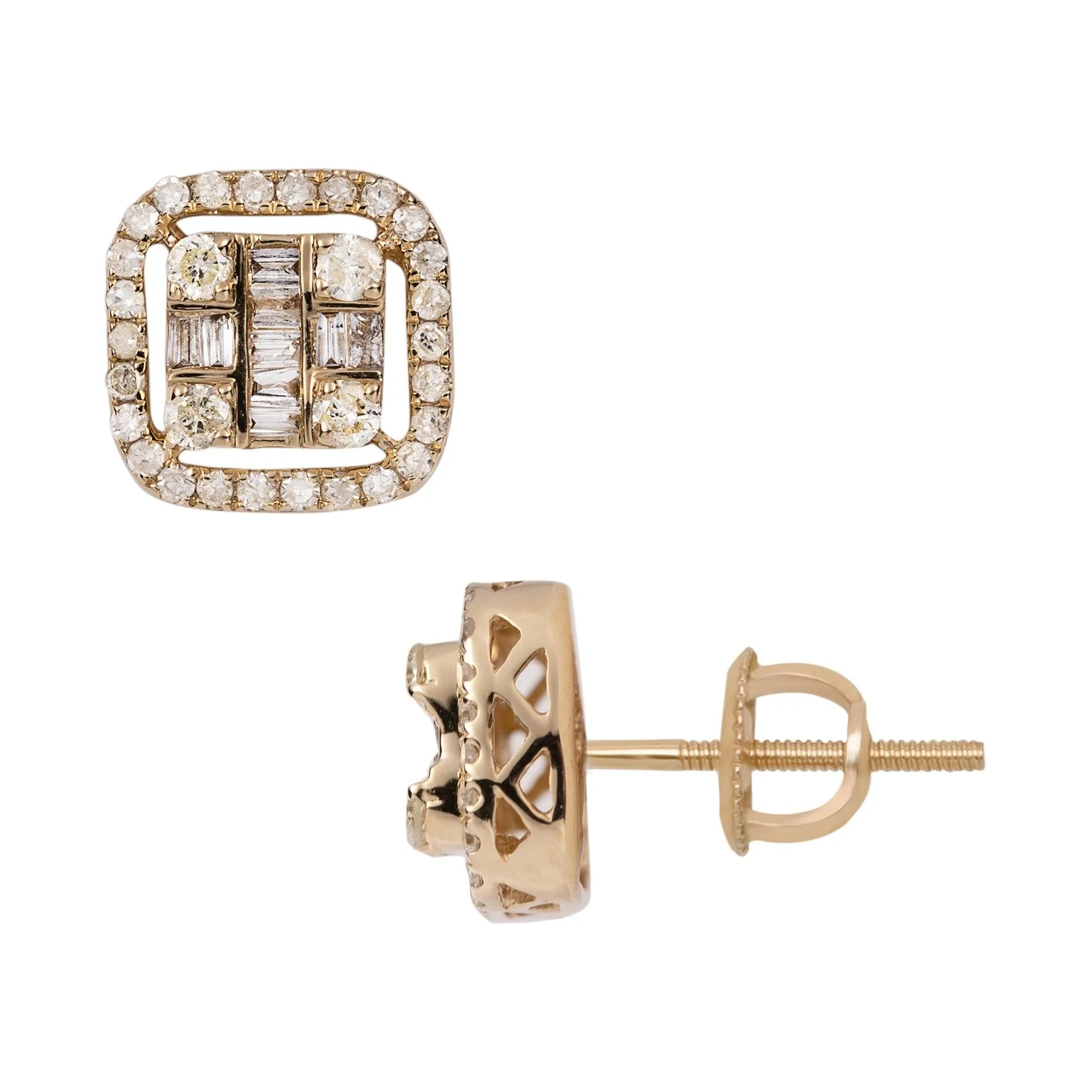 Women's Cushion Baguette & Round Diamond Stud Earrings 0.61ct 14K Yellow Gold