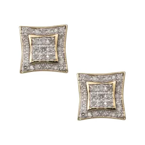 Women's Halo Micro-Pavé Concave Square Diamond Stud Earrings 0.29ct 10K Yellow Gold