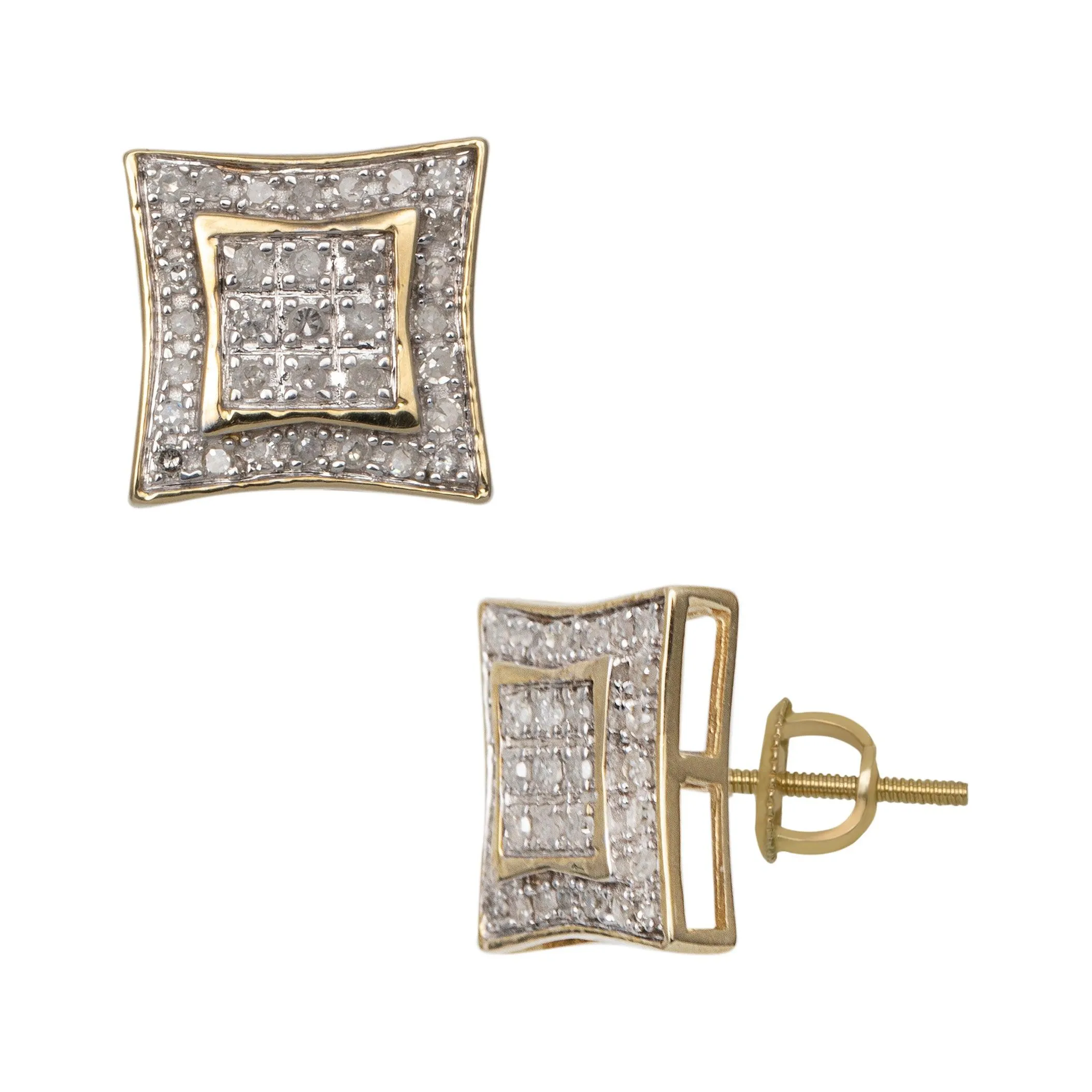 Women's Halo Micro-Pavé Concave Square Diamond Stud Earrings 0.29ct 10K Yellow Gold