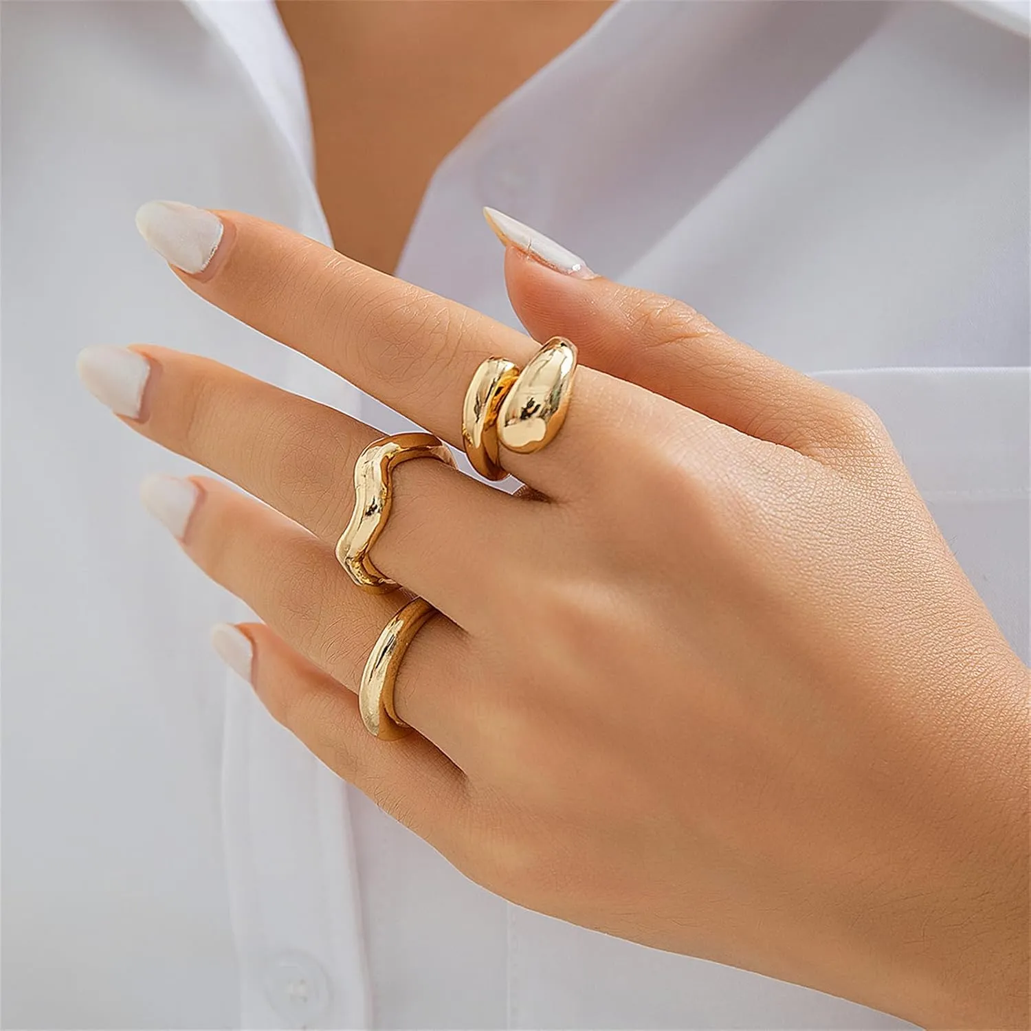 YBMYCM 3-10PCS Gold Silver Thick Dome Rings Set for Women Adjustable Geometric Rings Open Statement Rings for Women
