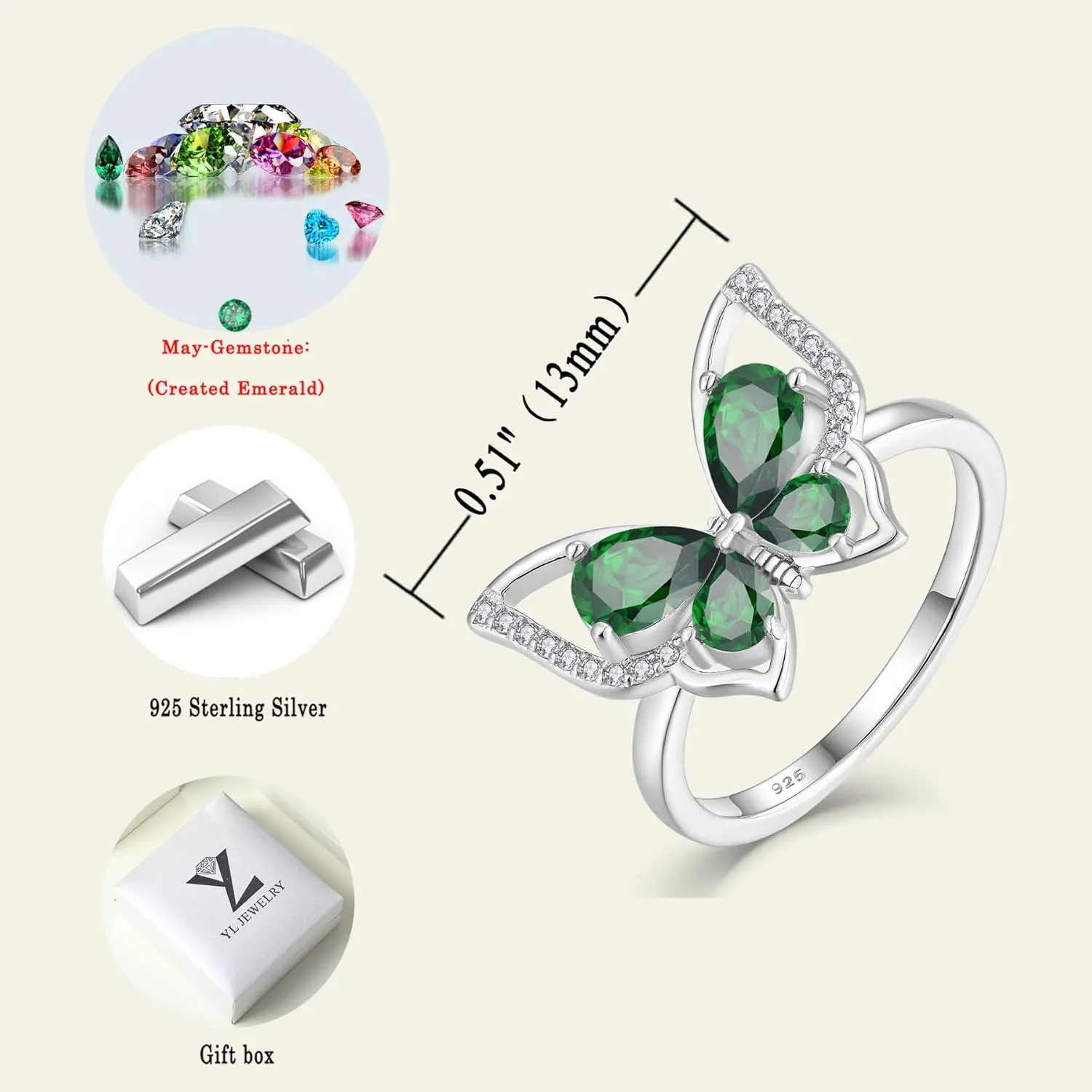 YL Butterfly Rings 925 Sterling Silver Simple Ring Birthstone Statement Rings for Women